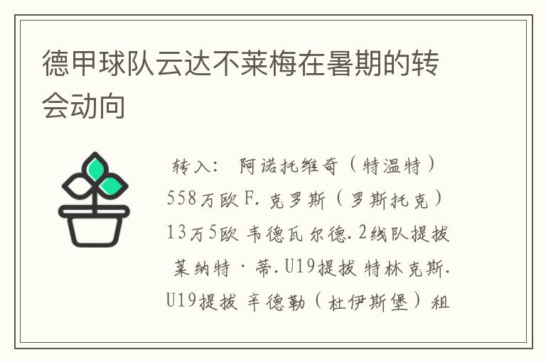 德甲球队云达不莱梅在暑期的转会动向