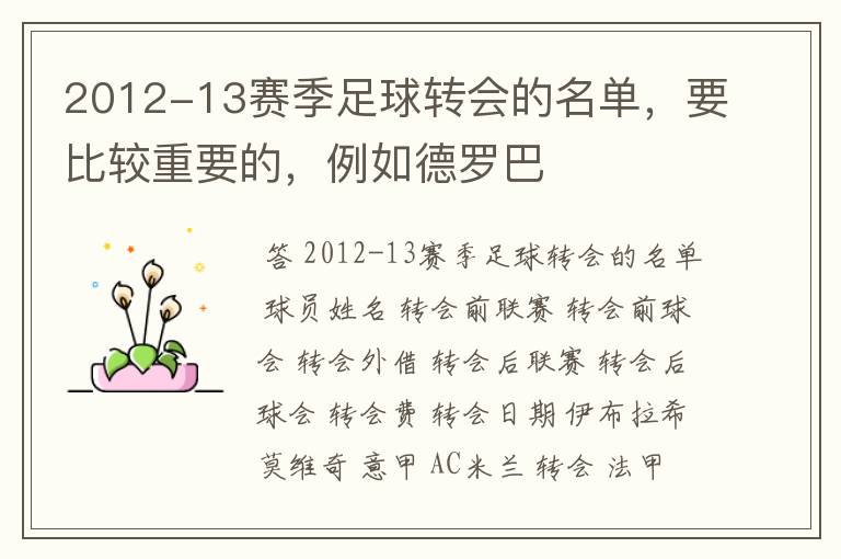 2012-13赛季足球转会的名单,要比较重要的,例如德罗巴