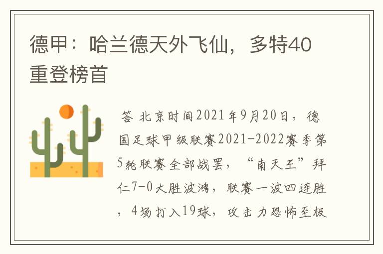 德甲:哈兰德天外飞仙,多特40重登榜首