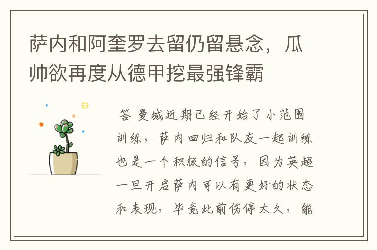 萨内和阿奎罗去留仍留悬念，瓜帅欲再度从德甲挖最强锋霸