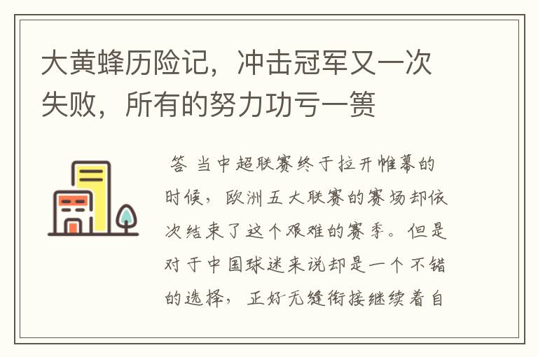 大黄蜂历险记,冲击冠军又一次失败,所有的努力功亏一篑