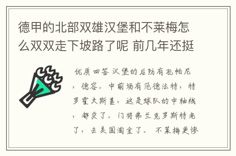 德甲的北部双雄汉堡和不莱梅怎么双双走下坡路了呢 前几年还挺强的