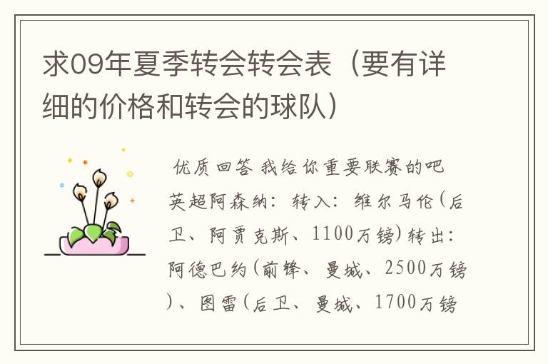 求09年夏季转会转会表(要有详细的价格和转会的球队)