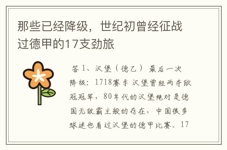 那些已经降级,世纪初曾经征战过德甲的17支劲旅