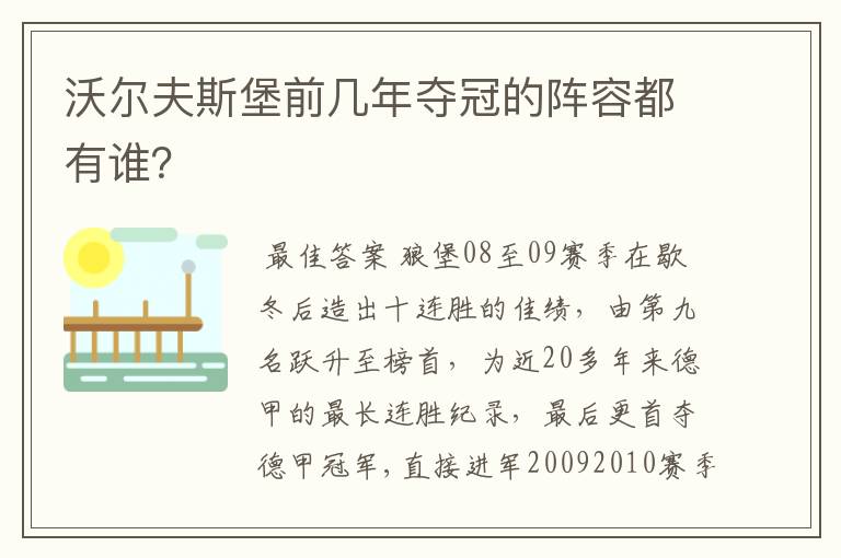 沃尔夫斯堡前几年夺冠的阵容都有谁?