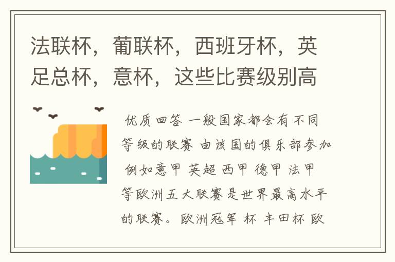法联杯,葡联杯,西班牙杯,英足总杯,意杯,这些比赛级别高吗?足球比赛级别是怎么划分的?