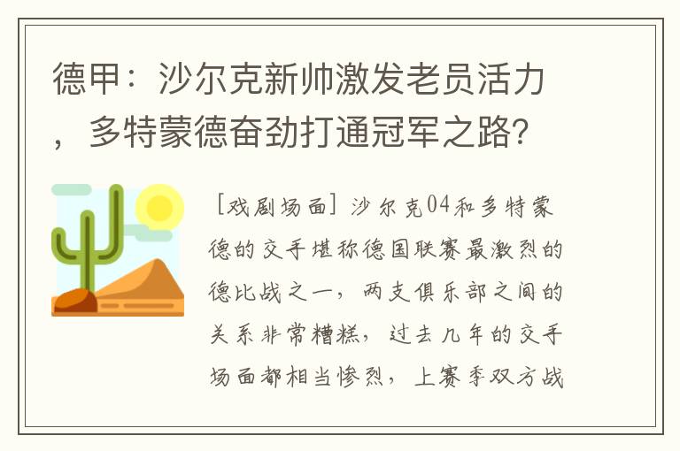 德甲:沙尔克新帅激发老员活力,多特蒙德奋劲打通冠军之路?