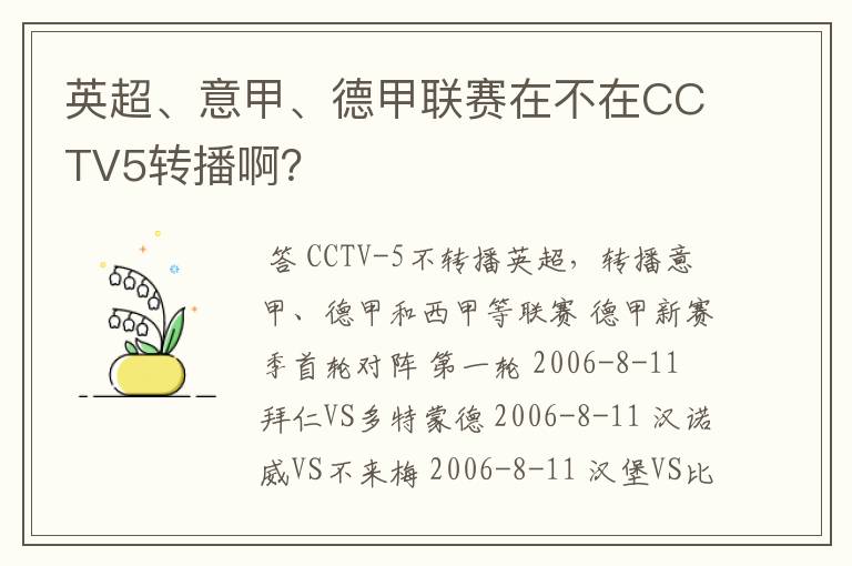 英超、意甲、德甲联赛在不在CCTV5转播啊?
