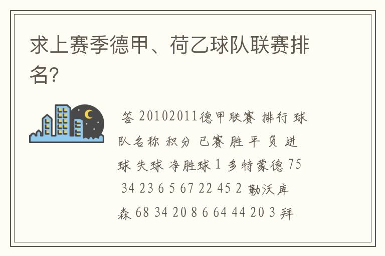 求上赛季德甲、荷乙球队联赛排名?