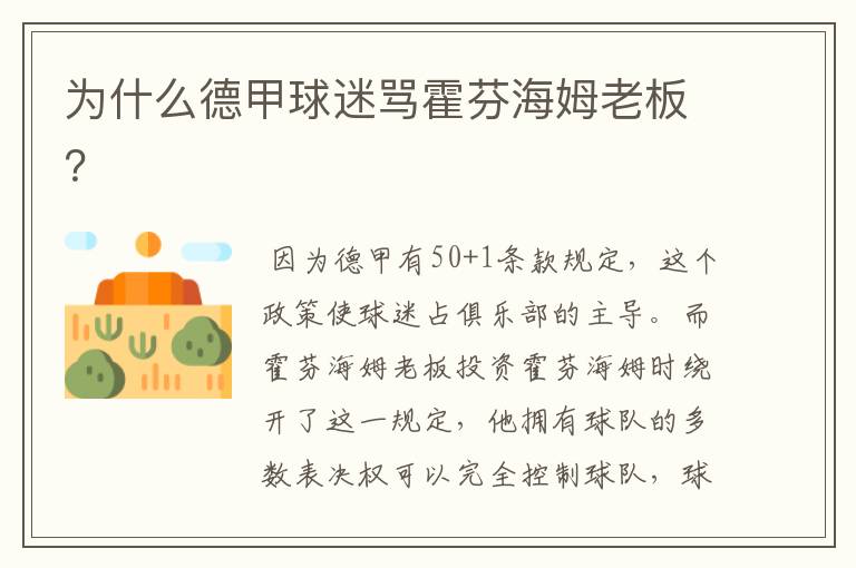 为什么德甲球迷骂霍芬海姆老板?