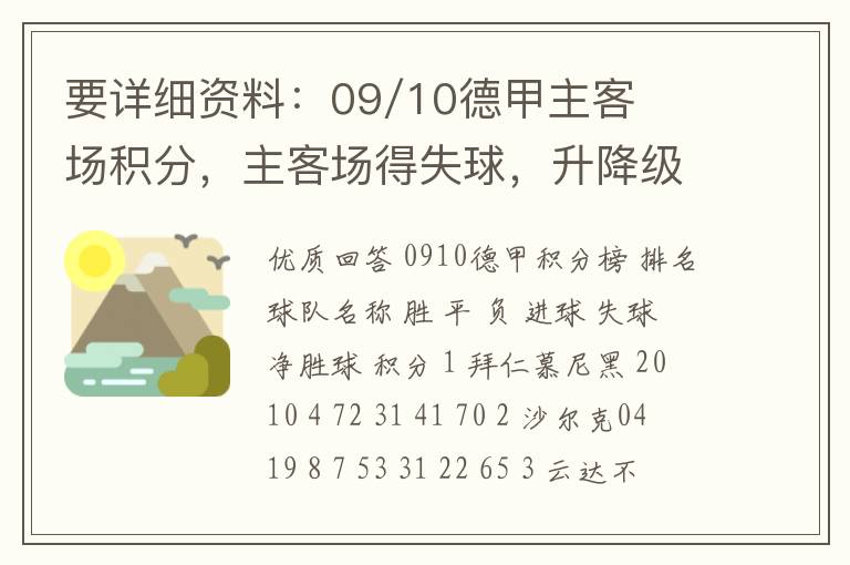 要详细资料：09/10德甲主客场积分，主客场得失球，升降级的球队。