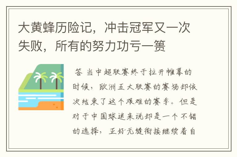大黄蜂历险记,冲击冠军又一次失败,所有的努力功亏一篑