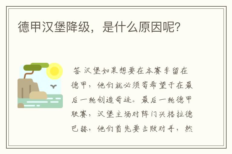 德甲汉堡降级,是什么原因呢?