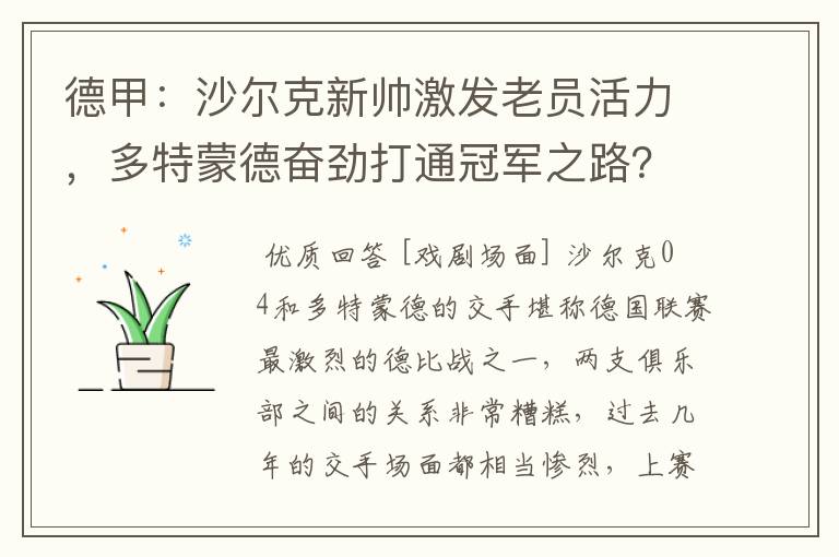 德甲:沙尔克新帅激发老员活力,多特蒙德奋劲打通冠军之路?
