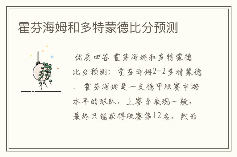 霍芬海姆和多特蒙德比分预测