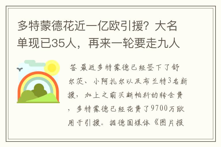 多特蒙德花近一亿欧引援?大名单现已35人,再来一轮要走九人