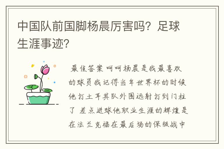 中国队前国脚杨晨厉害吗?足球生涯事迹?