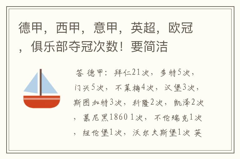 德甲,西甲,意甲,英超,欧冠,俱乐部夺冠次数!要简洁