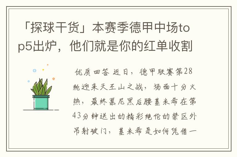 「探球干货」本赛季德甲中场top5出炉,他们就是你的红单收割机