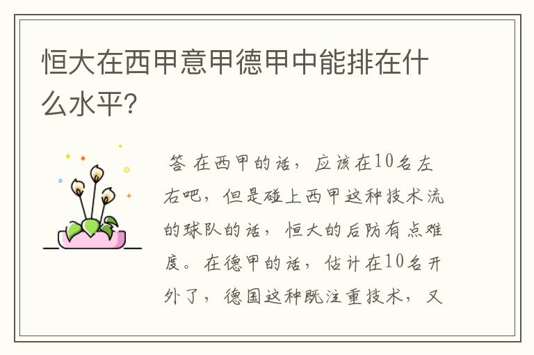 恒大在西甲意甲德甲中能排在什么水平？