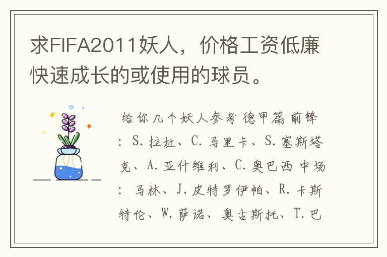 求FIFA2011妖人,价格工资低廉快速成长的或使用的球员。