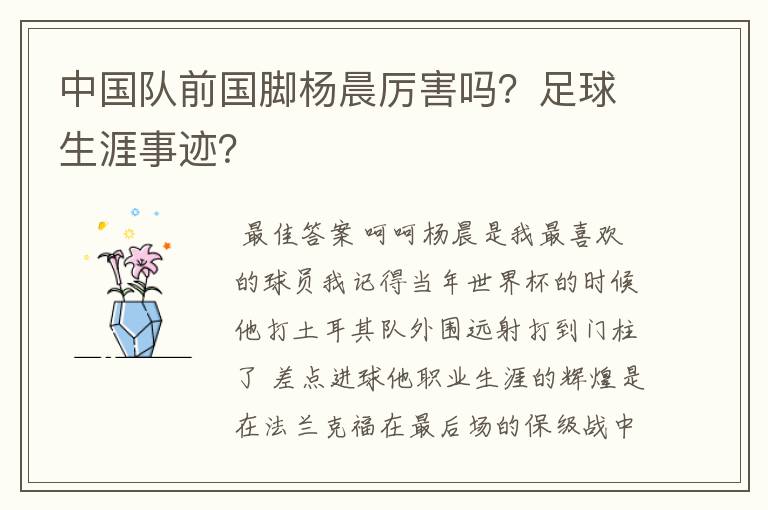 中国队前国脚杨晨厉害吗?足球生涯事迹?