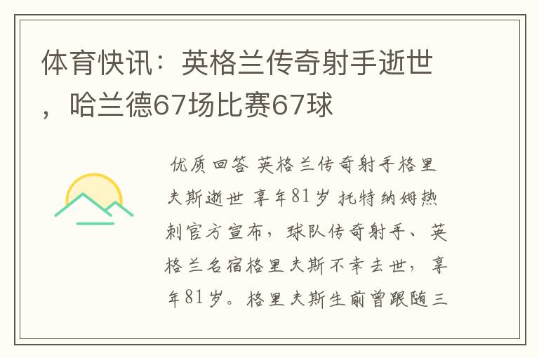 体育快讯:英格兰传奇射手逝世,哈兰德67场比赛67球