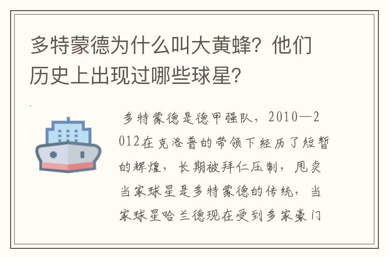 多特蒙德为什么叫大黄蜂?他们历史上出现过哪些球星?