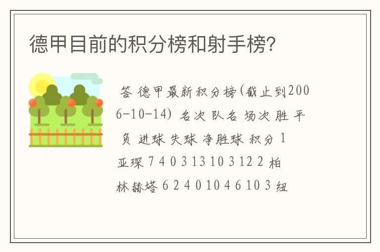 德甲目前的积分榜和射手榜?