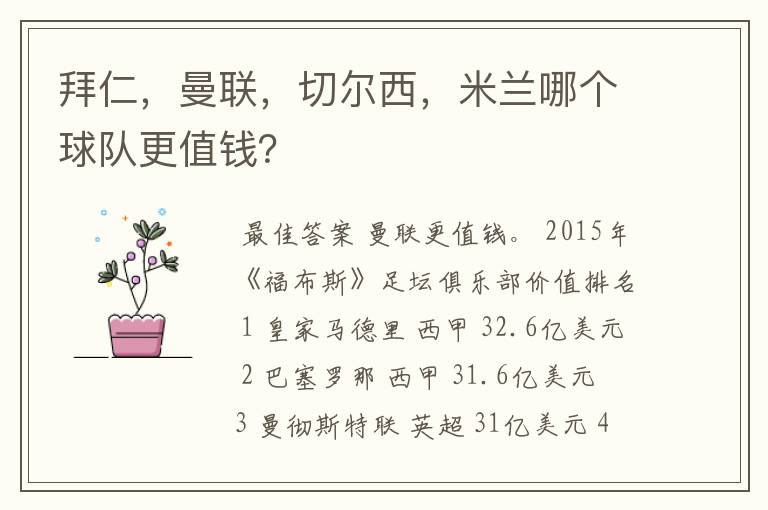 拜仁,曼联,切尔西,米兰哪个球队更值钱?