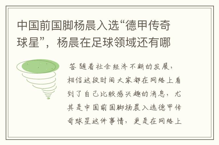 中国前国脚杨晨入选“德甲传奇球星”,杨晨在足球领域还有哪些成就?