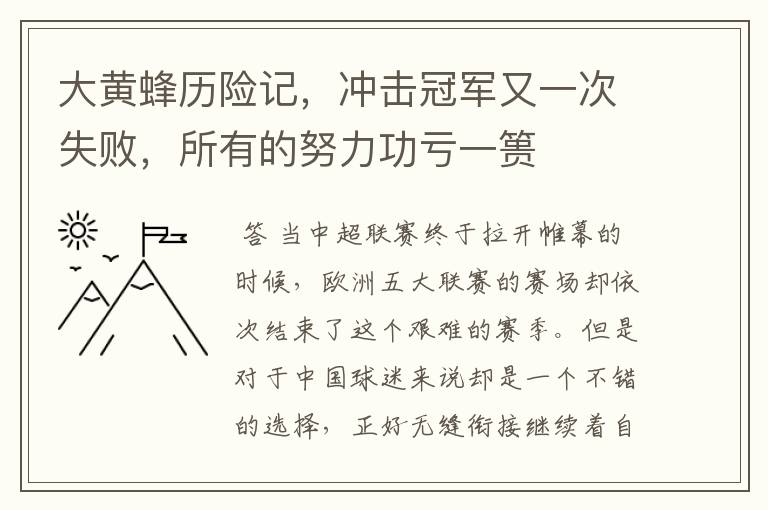 大黄蜂历险记,冲击冠军又一次失败,所有的努力功亏一篑