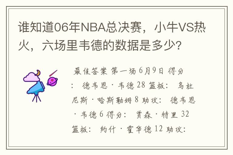 谁知道06年NBA总决赛,小牛VS热火,六场里韦德的数据是多少?