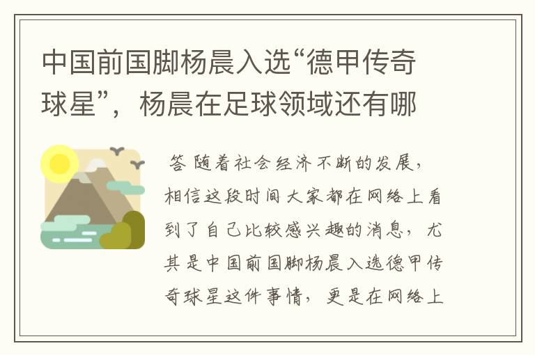 中国前国脚杨晨入选“德甲传奇球星”,杨晨在足球领域还有哪些成就?
