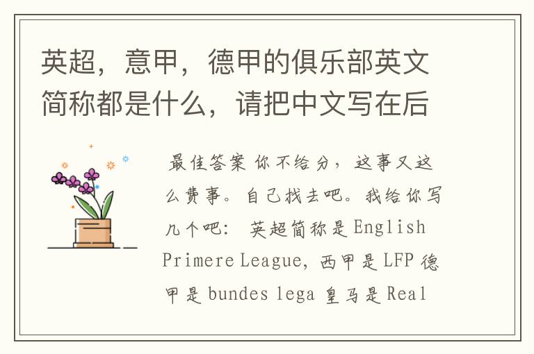 英超,意甲,德甲的俱乐部英文简称都是什么,请把中文写在后面