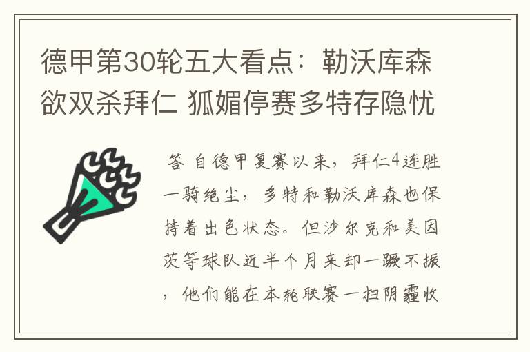 德甲第30轮五大看点:勒沃库森欲双杀拜仁 狐媚停赛多特存隐忧