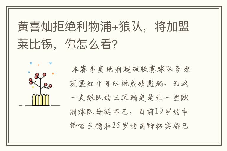 黄喜灿拒绝利物浦+狼队,将加盟莱比锡,你怎么看?