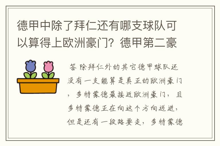 德甲中除了拜仁还有哪支球队可以算得上欧洲豪门?德甲第二豪门是谁?国家德比是拜仁对谁?