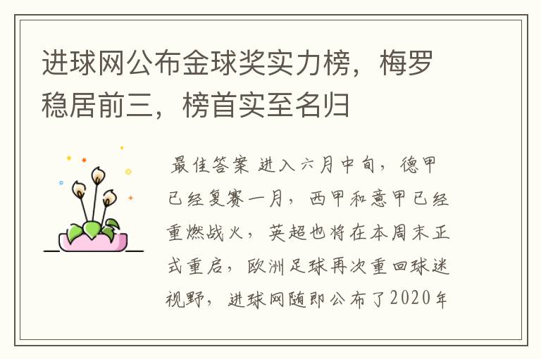 进球网公布金球奖实力榜,梅罗稳居前三,榜首实至名归