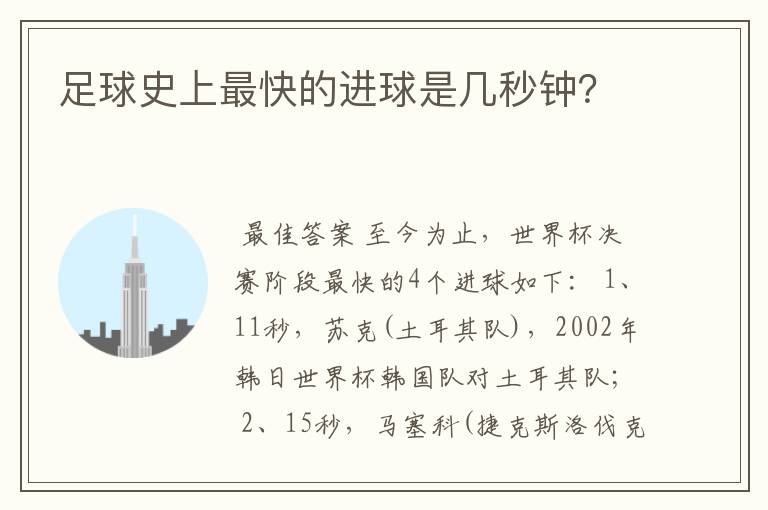 足球史上最快的进球是几秒钟?