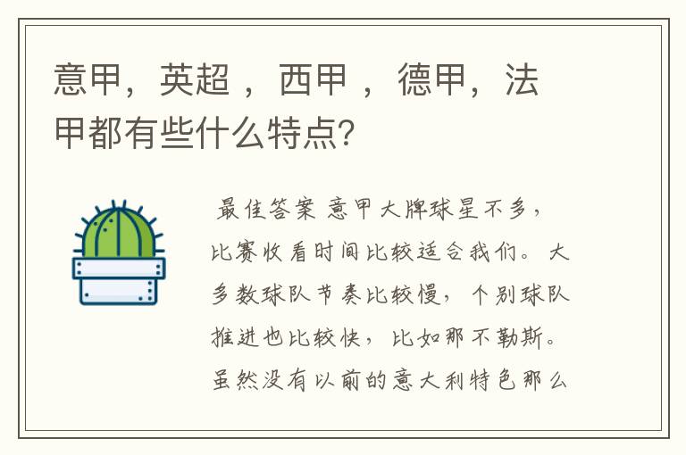 意甲,英超 ,西甲 ,德甲,法甲都有些什么特点?