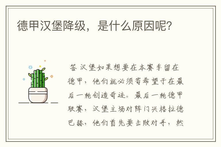 德甲汉堡降级,是什么原因呢?