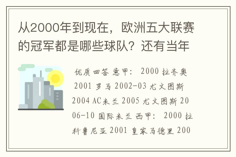 从2000年到现在,欧洲五大联赛的冠军都是哪些球队?还有当年的欧冠冠军。