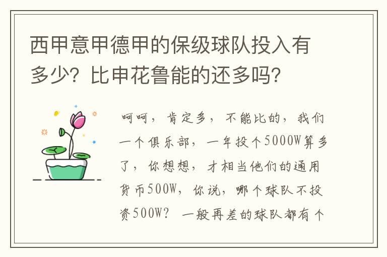 西甲意甲德甲的保级球队投入有多少?比申花鲁能的还多吗?