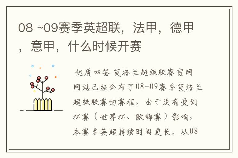 08 ~09赛季英超联,法甲,德甲,意甲,什么时候开赛