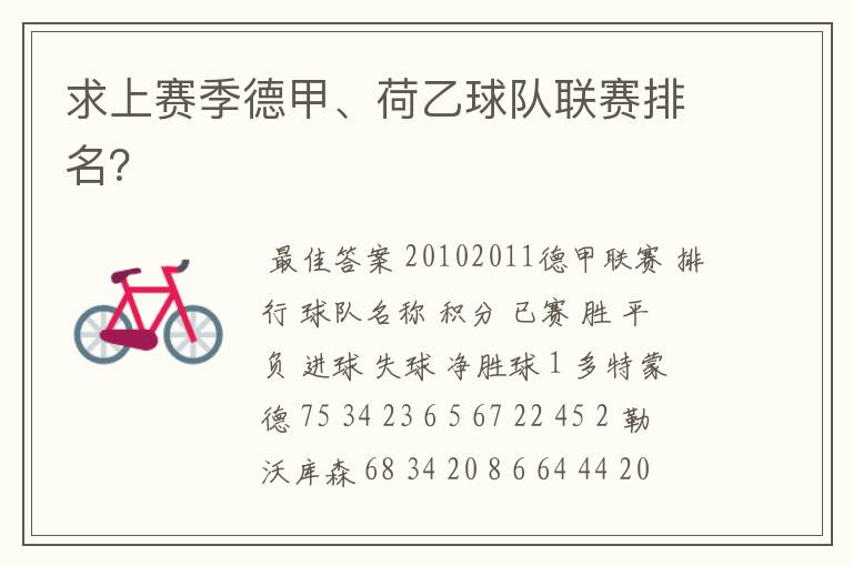 求上赛季德甲、荷乙球队联赛排名？