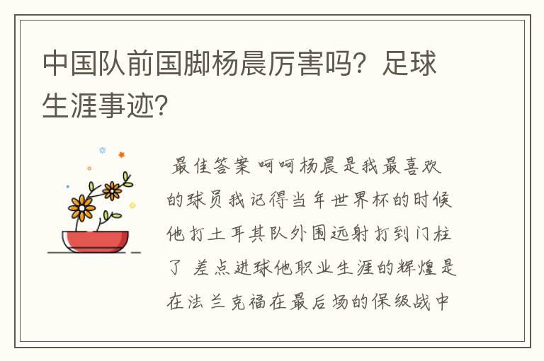中国队前国脚杨晨厉害吗?足球生涯事迹?