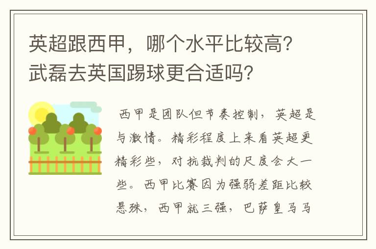 英超跟西甲,哪个水平比较高?武磊去英国踢球更合适吗?