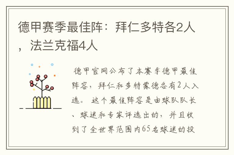 德甲赛季最佳阵:拜仁多特各2人,法兰克福4人