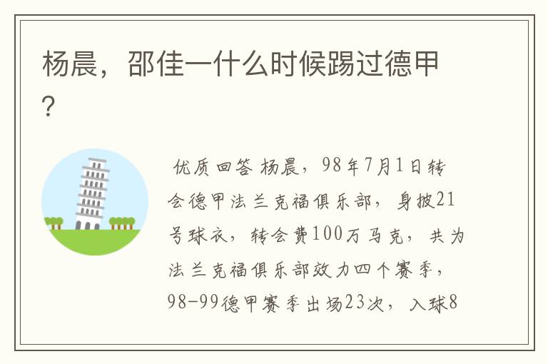 杨晨,邵佳一什么时候踢过德甲?